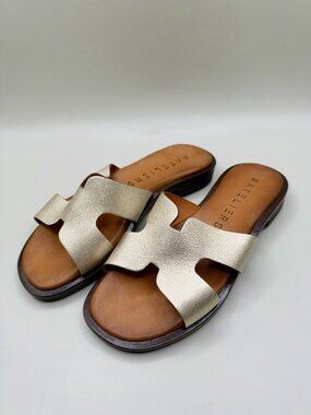 Ateliers Made in Italy Metallic Gold Leather H Cutout Slide Sandals EU 36, US 6